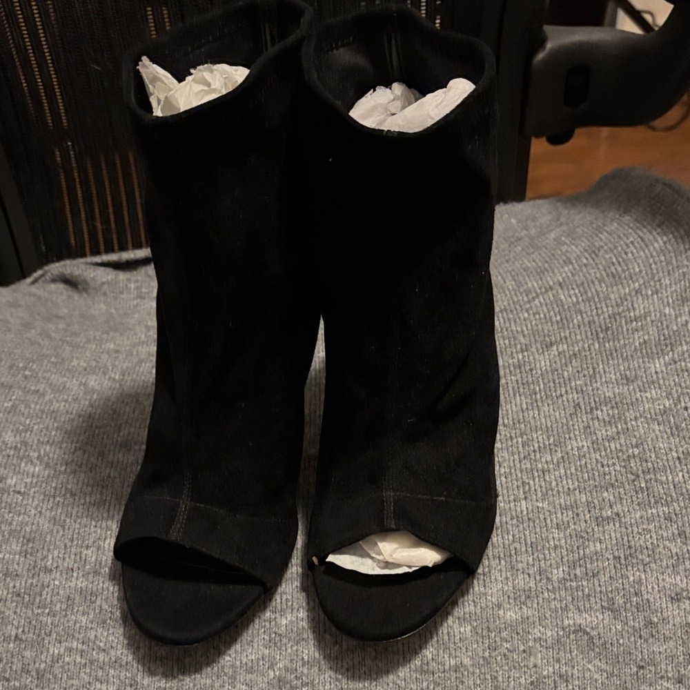 Elegant Black Suede Peep-Toe Heeled Boots - 100% real leather